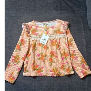 Finding Foxtale Girls Floral Stripe Ruffle Lace Top Orange Pink Size 6 F24T195